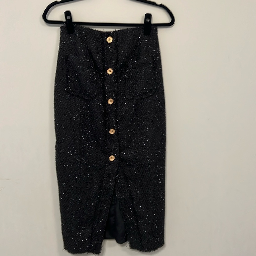 Metallic tweed midi skirt with gold buttons and front slit